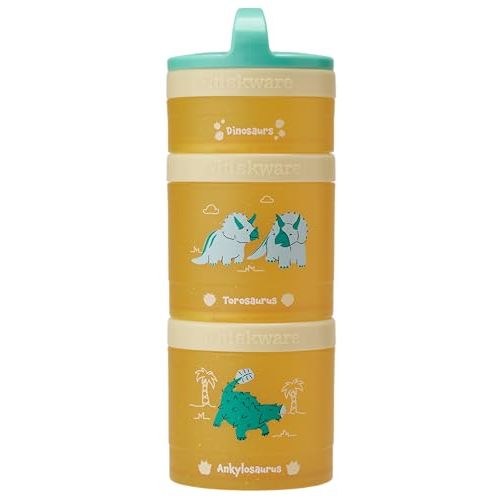 Whiskware Dinosaur Snack Containers, 3 Stackable Snack Cups, Blue/Yellow | Cupholder Friendly | Twist 'n' Lock Stackable Cups / 3 Stackable Snack Cups | Dishwasher Safe | Kitchen | Camping