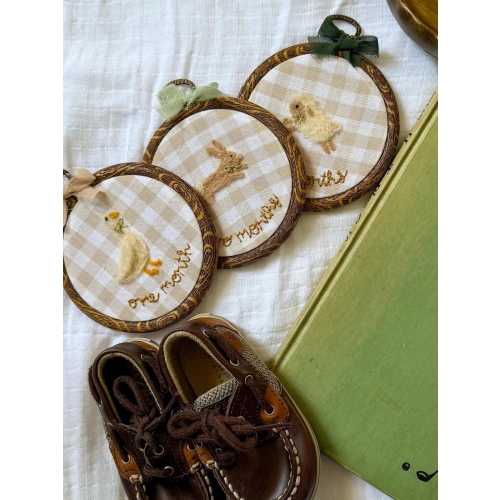 Handmade Baby Monthly Milestone Cards Set – Embroidered Months + Adorable Felted Animals