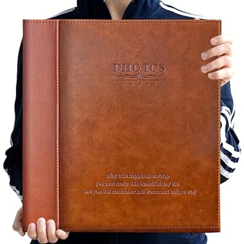 Magnetic Self-Stick Photo Album, Family Album, Leather Cover, Hand Made DIY Albums Holds 3x5, 4x6, 5x7, 6x8,8x10 Photos (Brown, Large)