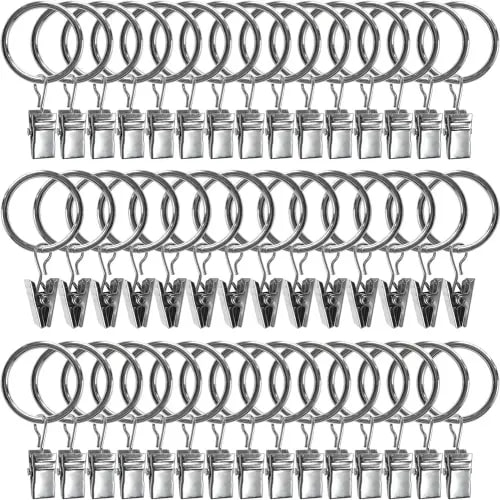 44 Pack Metal Curtain Rings with Clips, Drapery Clips with Rings, Drapes Rings 1 inch Inner Diameter, Fits Diameter 5/8 inch Curtain Rods, Silver