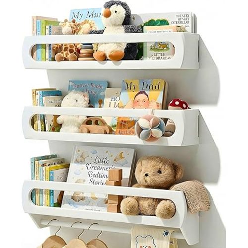 Floating Shelves for Wall, Premium Bamboo Wood, Fully Assembled - Nursery Book Shelves, Nursery Decor, Book Shelf for Kids Rooms, Wall Mounted Bookshelves, Set of 3 White