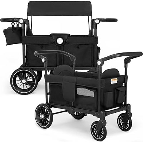 Wagon Stroller for 2 Kids, All-Terrain Stroller Wagon, Foldable Kids Wagon Cart Featuring with Harnesses, Adjustable Double Push Handle, Removable Canopy, Snack Tray, Large Storage Bag, Black