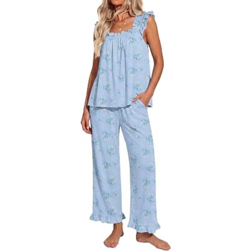 Ekouaer Pajamas for Women Set 2 Piece Ruffle Pjs Soft Sleeveless Tank Top and Pants Sleepwear Bridal Casual Loungewear
