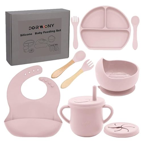 100% Silicone baby feeding set,BPA free Baby dishes set with Suction Bowl Divided Plate,Toddler Self Feeding Dish Set with Spoons Forks Sippy Cup And Bib, Baby Eating Utensils (Lilac)