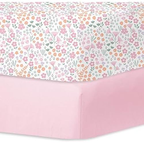 Little Grape Land Crib Sheets for Girls, Soft Microfiber Fitted Baby Sheets for Standard Crib and Toddler Mattress, 28x52x8 inch,Comfortable & Secure Fit (Pink & Floral)