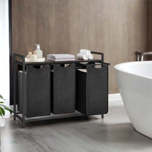 LEDREM 3-Compartment Laundry Sorter with Shelf, 31.7 Gallon Capacity, Removable Bags & Steel Frame, for Home Organization, Ink Black and Rustic Brown