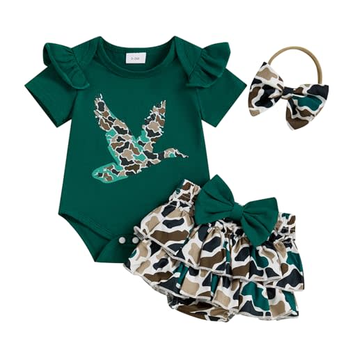 Hunting Baby Girl Clothes Mallard Duck Embroidery Short Sleeve Romper Ruffle Tutu Shorts Set Newborn Summer Outfit