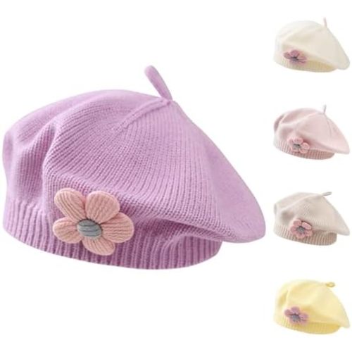Winmany Baby Beret Hat Toddler Winter Knitted Beanie Cap with Cute Flower Little Girls French Hat for 0-3Years