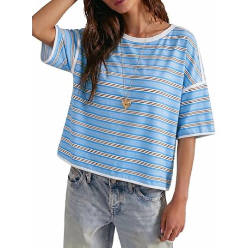 Tankaneo Womens Oversized Striped T-Shirts Summer Casual Color Block Short Sleeve Tops Drop Shoulder Boxy Tees