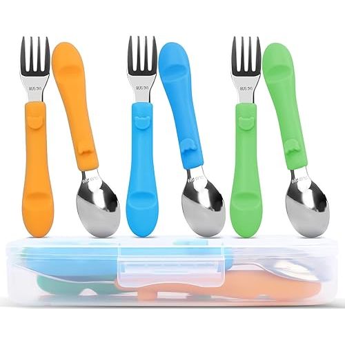 6PCS Toddler Utensils, 316 Stainless Steel Baby Safe Forks + Spoons with Silicone Handle, BPA Free Dishwasher Safe Kids Silverware Cutlery with Box, Bright Orange/Blue/Green