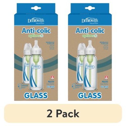 (2 pack) Dr. Brown's Anti-Colic Options+ Narrow Glass Baby Bottle, 8 oz/250 mL, with Level 1 Slow Flow Nipple, BPA Free, 0m+, 2 Pack