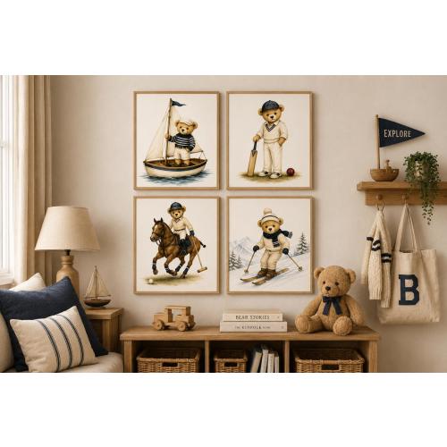 Vintage Teddy Bear Sports Wall Art Set, Preppy Boys Room Decor