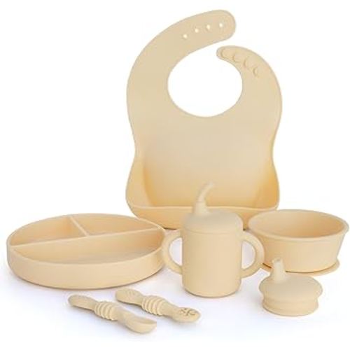 Feeding Essentials: Baby Led Weaning Supplies with Baby Plates, Silicone Bibs, Baby Spoons, Sippy Cups, Toddler Plates and Bowls Set - Baby Essentials - Baby Shower Gifts (Sun)