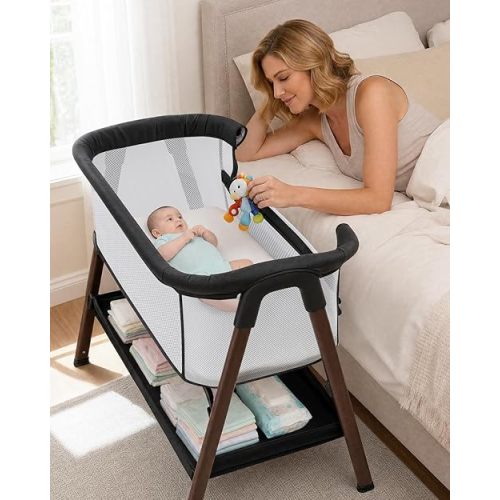 Baby Bassinet, Bedside Bassinet for Baby, Bassinet Bedside Sleeper with Mattress, Storage Basket and 4 Auto-Lock Wheels, Full-Mesh Sides, Bedside Mini Crib for Newborn (Black)