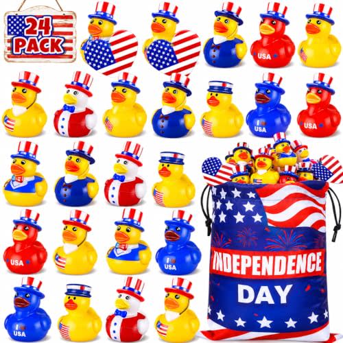 24 Pcs Patriotic Rubber Ducks with Tags & Bag, 4th of July Jeep Ducking | Cute Independence Day Duckies Bulk, Fun Party Favors for Kids, Cruise Duck Hiding Gifts, Memorial Day Birthday Decorations