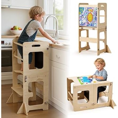 labebe Toddler Standing Tower for 12M+, Montessori Foldable Learning Standing Tower with Blackboard, Anti-tip Structure Design,Wooden Kitchen Step Helper Stool for 1-3 Year Old Boy Girl Gift