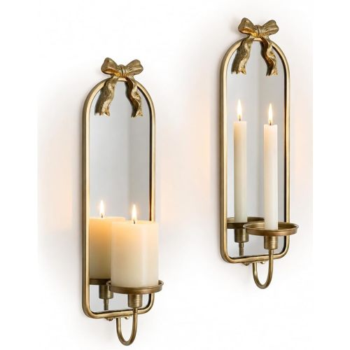Gold Candle Sconces Wall Decor: Modern Decorative Wall Candle Holder Set of Two for Bedroom - Vintage French Metal Bow Mirror Sconces Beside Fireplace TV