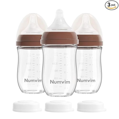 Natural Glass Baby Bottles Gentle & Slow Flow, Newborn Breastfeeding Bottle with Anti Colic Nipple for 0 Months Babies, 3 Packs (Brown (5 Ounce), 1 Count (Pack of 3))