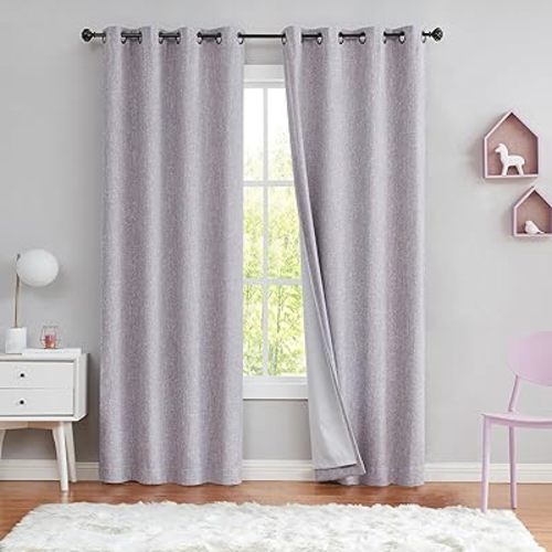 Lavender Solid Full Blackout Curtain Heavy Linen Texture Window Treatment for Bedroom Energy Efficient Noise Reducing Drapes 8 Grommets Top for Living Room with Liner, Liliac, 50"x84", 2 Panels