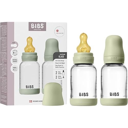 BIBS Glass Baby Bottles 2-Pack, 4 Oz. Anti-Colic System for Gas Reduction. Vented Round Natural Rubber Latex Nipple. Supports Infant and Newborn Breastfeeding - 120 ml (Pack of 2), Sage