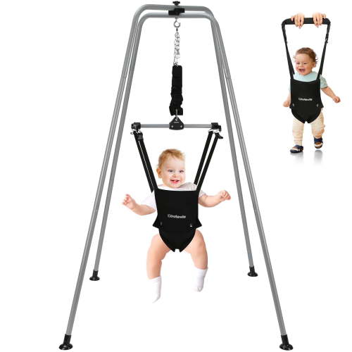 Cowiewie Baby Jumper Seat Bouncer Stand, 2 in 1 Exerciser and Walker, 6-24 Months, Grey and Black