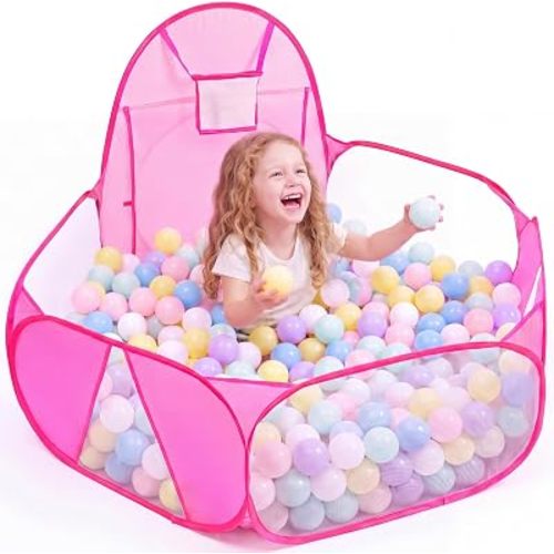 Eocolz Kids Ball Pit Large Pop Up Childrens Ball Pits Tent for Toddlers Playhouse Baby Crawl Playpen with Basketball Hoop and Zipper Storage Bag, 4 Ft/120CM, Balls Not Included (Pink)