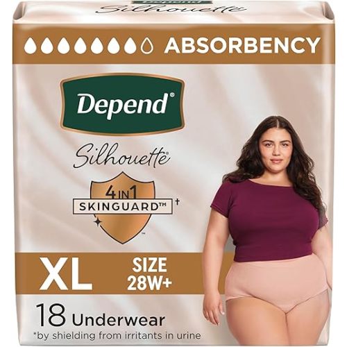 Depend Silhouette Adult Diapers, Incontinence & Postpartum Bladder Leak Underwear for Women, Maximum Absorbency, Extra Large, Pink, 18 Count, Packaging May Vary