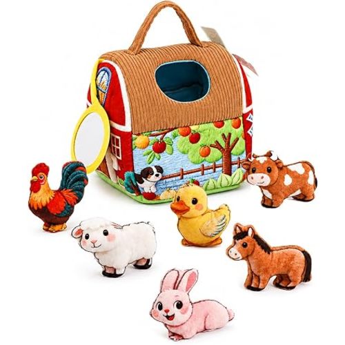 KAKIBLIN Baby Toys 6-12 Months, Plush Farm Toy for Baby with Rattle, Mirror