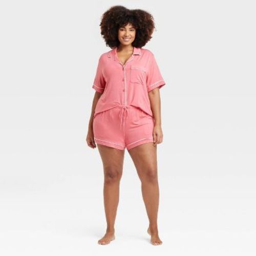 Women's Cloud Knit Short Sleeve Notch Collar Top And Shorts Pajama Set - Auden™ Coral Red M