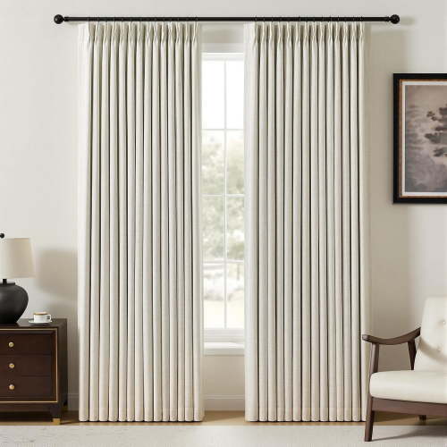 Nalqet Pinch Pleated Linen Curtains 100% Blackout 84 Inches Long for Living Room Bedroom, Thermal Insulated Room Darkening Window Drapes with Rings Hooks, 2 Panels, Natural, 40"Wx84"L