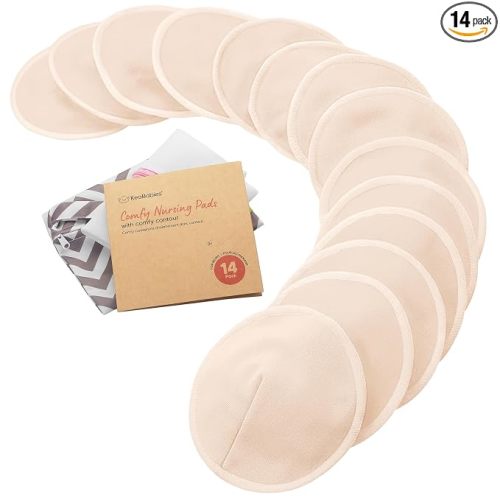 Organic Nursing Pads, 14 Washable Breast Pads,Wash Bag (Bare Beige, L 5") | Viscose Derived from Bamboo, Breast Pads for Breastfeeding, Reusable Nipple Covers, Breastfeeding Essentials, Soft, Absorbent