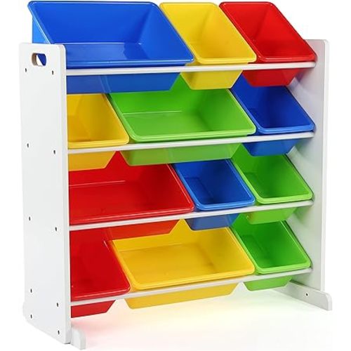 Humble Crew Kids Toy Storage Organizer with 12 Plastic Bins, White/Primary – Removable Bins for Playroom, Bedroom, Toddler Furniture for Boys and Girls Ages