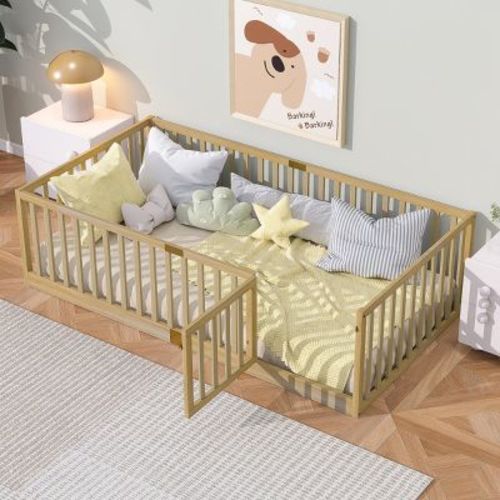 Twin Montessori Floor Bed with Fence and Door, Natural Solid Rubber Wood Kids Platform, Low Bed for Toddlers Transition-3irtyhousy