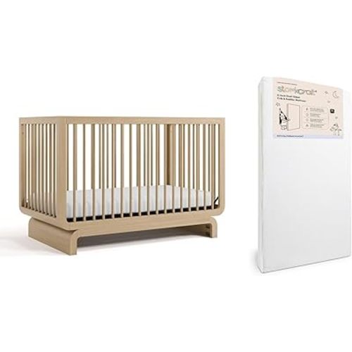 Storkcraft Santorini Convertible Crib with Toddler Guardrail & Storkcraft 6-Inch Grow-with Me Premium Waterproof Dual-Sided Baby Crib & Toddler Bed Mattress (Driftwood) – GREENGUARD Gold Certified