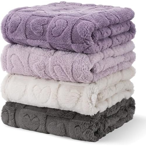 Breling 4Pcs Baby Blanket Heart Checkered,Plush Fluffy Fleece,Purple Set