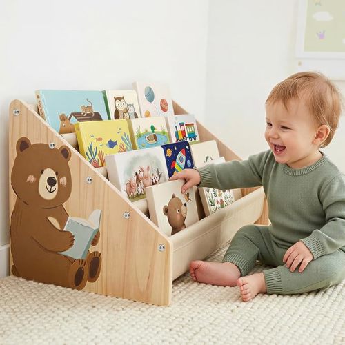 Toddler Bookshelf 4 Tier Solid Wood Montessori Nursery Book Organizer Kids
