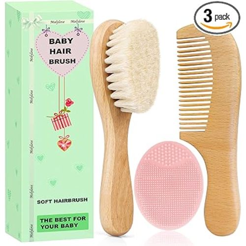 3PCS Baby Hair Brush with Wooden Handle and Comb Set for Newborns & Toddlers | Natural Soft Goat Bristles l Wood Comb l Pink Silicone Brush| Ideal for Cradle Cap