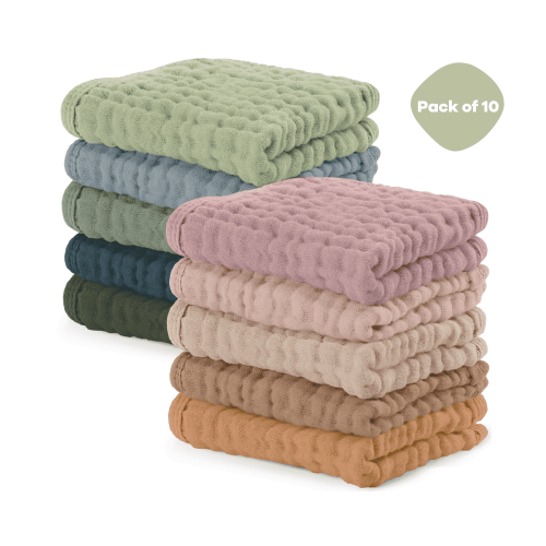 Comfy Cubs Baby Washcloths, Muslin Cotton Baby Towels, Large 10”x10” Wash Cloths (Multi, Pack of 10)