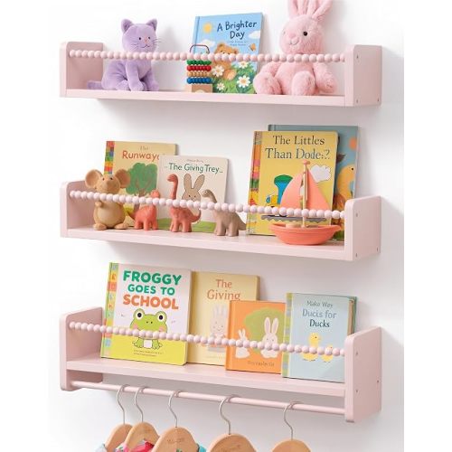 24 Inch Nursery Book Shelves for Wall, Pink Shelf for Kids Rooms
