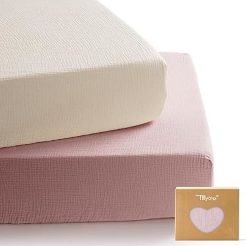 TILLYOU 2 Pack Muslin Crib Sheets for Boys and Girls, 100% Cotton Fitted Crib Sheet for Toddler 52x28 Standard Crib Mattress, Pink and Apricot
