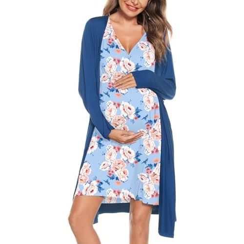 SWOMOG Women Maternity Nursing Gown and Robe Set 3 in 1 Labor Delivery Nursing Nightgown for Breastfeeding Hospital Bathrobe