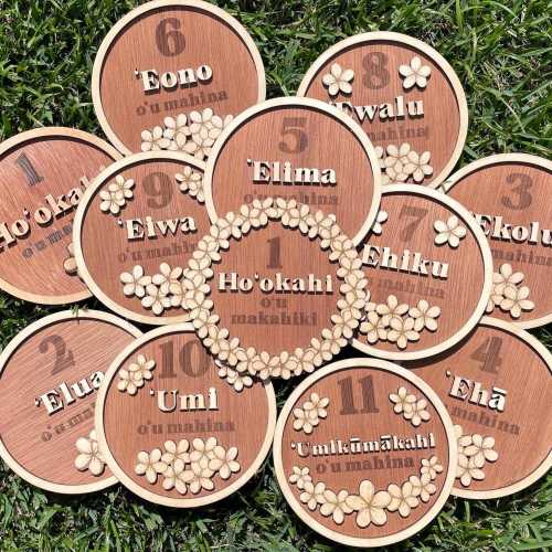 Engraved Layered Plumeria Hawaiian Wooden Baby Milestone Disc Set (12 months; Melia flower)