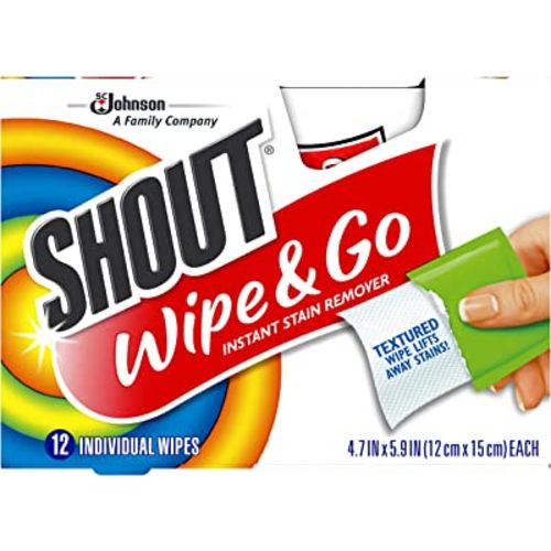 Shout Wipes Stain Remover for Clothes Laundry, Instant Stain Remover and Individually Wrapped, Travel Essentials, Works on Everyday Stains, 12 Wipes per Carton (6 Cartons)