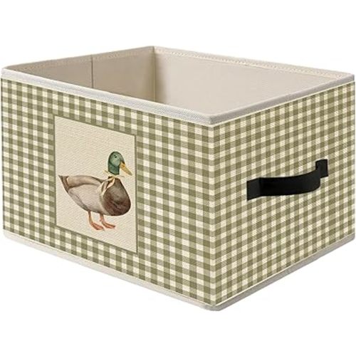 Mallard Duck Storage Bin Box with Handles, Boho Beige Plaid Wild Duck Foldable Clothes Toys Books Storage Basket Organizer Toybox for Kids Nursery Bedroom Playroom Bathroom Laundry Room