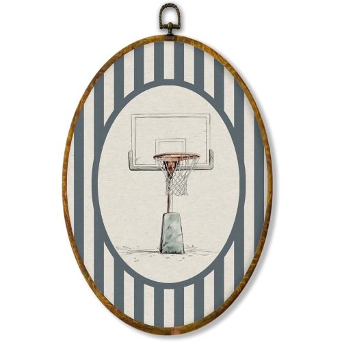 Hiuwevt Basketball Sports Nursery Oval Wall Art Decor, Sports Framed Canvas Prints, Basketball Hoop Oval Wall Hanging Decor for Kids Boy Nursery Room Bedroom Playroom Decorations, 8.6x11.4 Inches