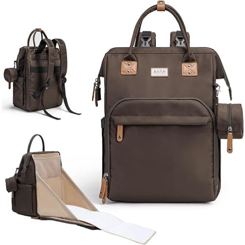 Diaper Bag Backpack, Multifunction Diaper Bag with Changing Station, Stylish Baby Bags, Large Unisex Diaper Backpack for Mom and Dad, Baby Registry Search, Portable Changing Pad – Black Brown