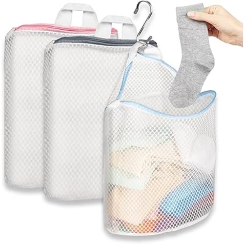 3Pcs Hanging Laundry Bags for Socks with S Hooks, 12 X 10 inch 3 Color Mesh Laundry Bags for Washing Machine