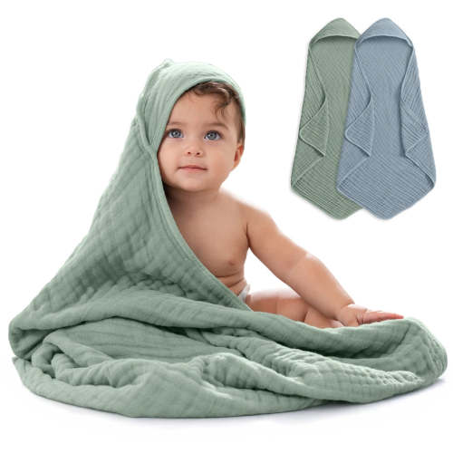 Comfy Cubs Hooded Baby Towel 2 pack 100% Muslin Cotton - Pacific Blue and Fern