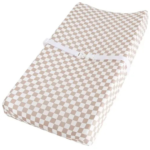 LifeTree Diaper Changing Pad Cover for Boys Girls - Soft Muslin Fitted Changing Table Sheets - 16"x32" Viscose from Bamboo Cotton Blend - Tan Checkered Print