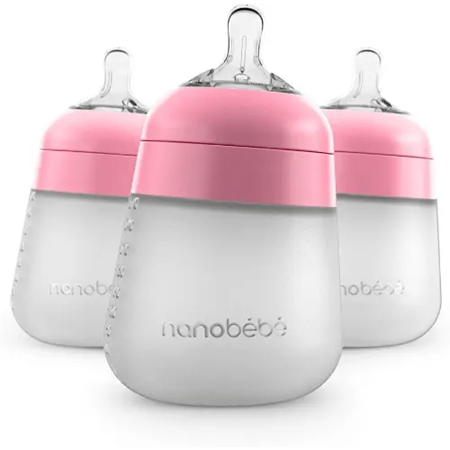 Nanobebe Flexy Silicone Baby Bottle, Anti-Colic, Natural Feel, Non-Collapsing Nipple, Non-Tip Stable Base, Easy to Clean, 3-Pack, Pink, 9oz